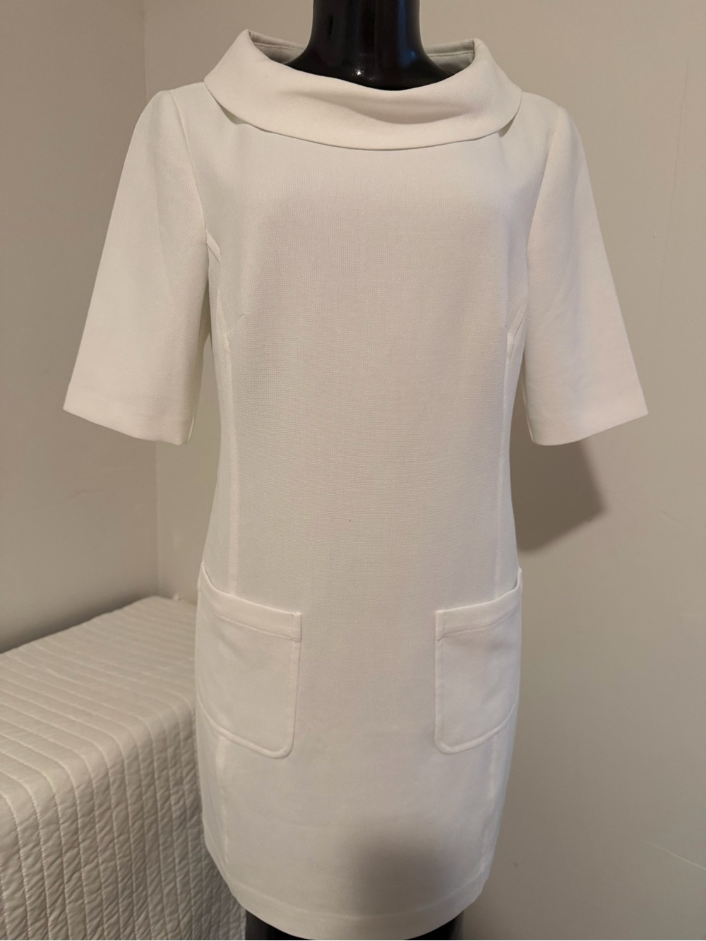 Trina Turk White Mini Shift Dress with Cowl Collar